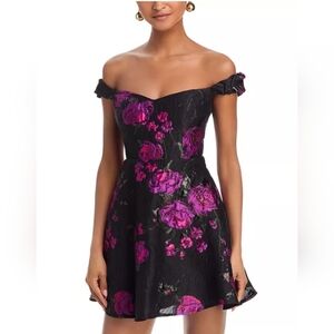 New Aqua Black & Pink Floral Rose Brocade Off the Shoulder Cocktail Dress